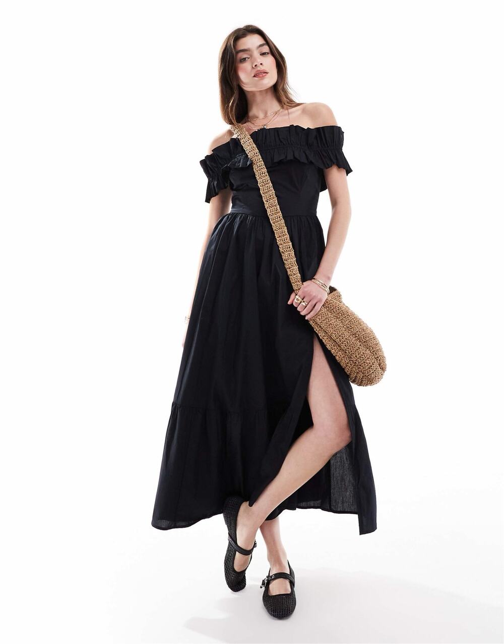 Abercrombie & Fitch Off the Shoulder Ruffle Midi Dress Black